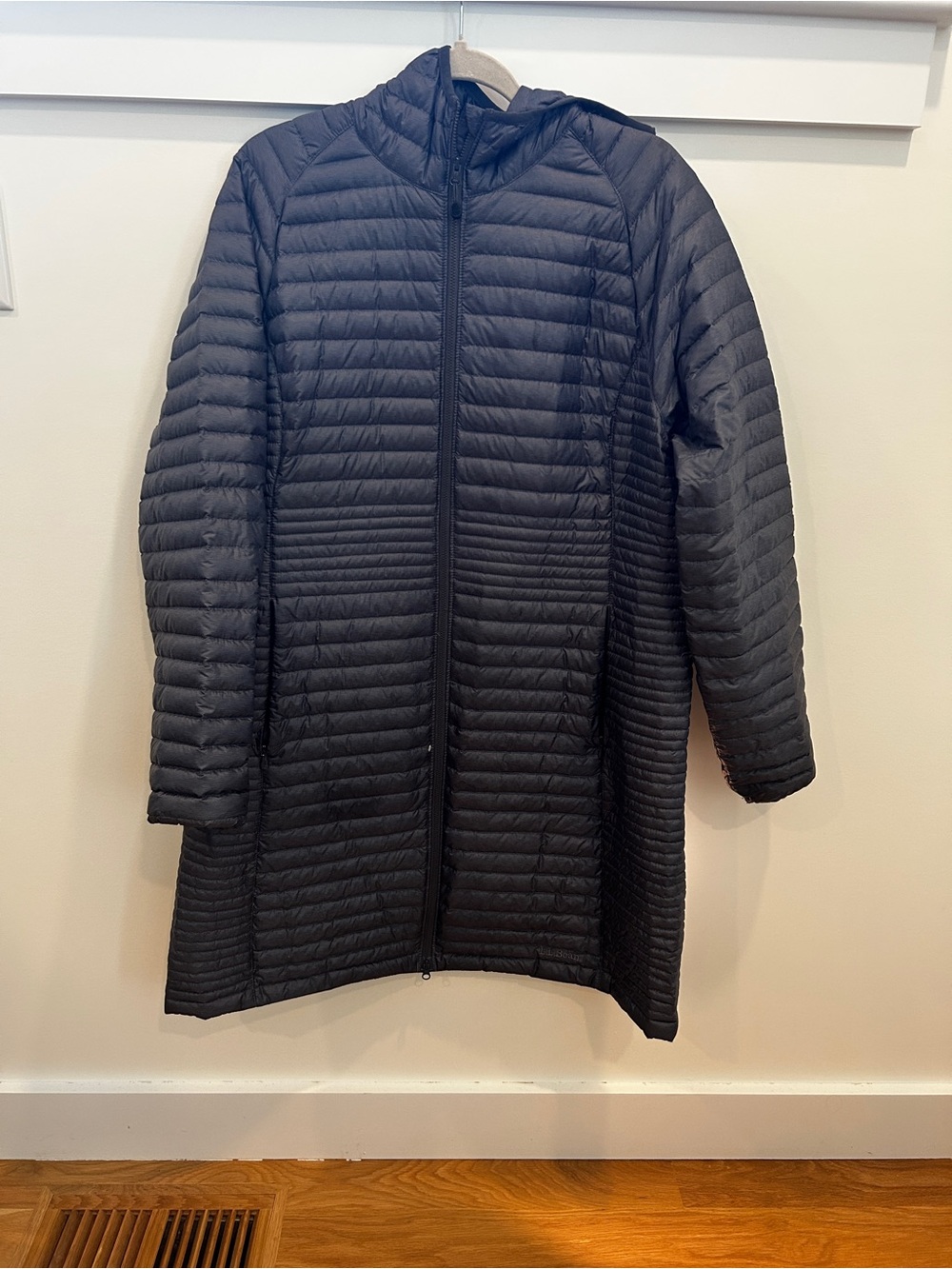 LL Bean Lightweight Quilted Long Hooded Puffer Coat - Gray